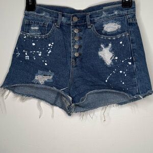 Distressed High-Waist Denim Shorts - Blue